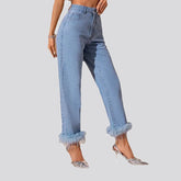 High rise feather hem women's jeans