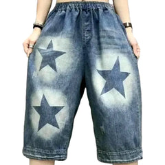 High-waist stars-print jean shorts for ladies
