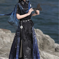 Lolita Spaghetti Strap Embroidered Hanfu Midi A-Line Dress / Light Cape / Set