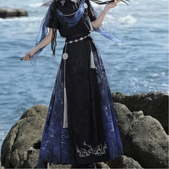 Lolita Spaghetti Strap Embroidered Hanfu Midi A-Line Dress / Light Cape / Set