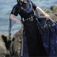 Lolita Spaghetti Strap Embroidered Hanfu Midi A-Line Dress / Light Cape / Set