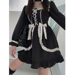 Japanese Gothic Black Kawaii Bow Mini Dress