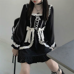 Japanese Gothic Black Kawaii Bow Mini Dress