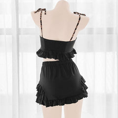 Japanese Kawaii Black Lingerie Dress Leopard Maid Outfits