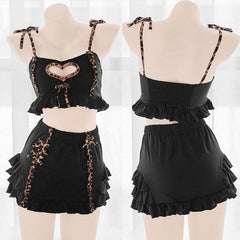 Japanese Kawaii Black Lingerie Dress Leopard Maid Outfits