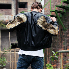Embroidered Golden Wings Leather Jacket