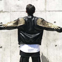 Embroidered Golden Wings Leather Jacket