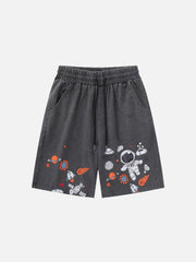 Astronaut Print Washed Denim Shorts