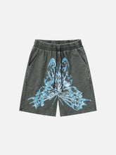 Butterfly Print Washed Denim Shorts