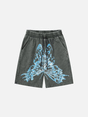 Butterfly Print Washed Denim Shorts