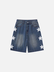Washed Star Print Denim Shorts