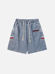 Washed Stripes Patchwork Denim Shorts