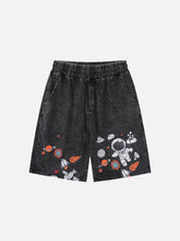 Astronaut Print Washed Denim Shorts