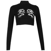 Dark Double Dragon Print Cropped Sweatshirt