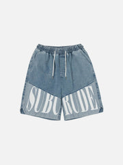 Letter Print Panel Denim Shorts