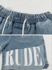 We Love Street Letter Print Panel Denim Shorts