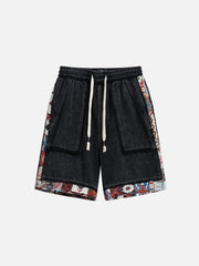 Tribe Culture Pattern Denim Washed Shorts