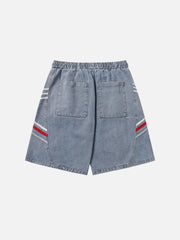 Washed Stripes Patchwork Denim Shorts