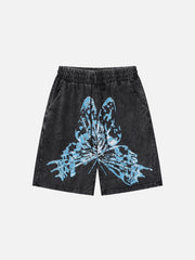 Butterfly Print Washed Denim Shorts