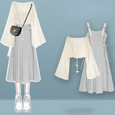 Kawaii Bell Sleeve Cardigan Lace Up Slip Dress Set