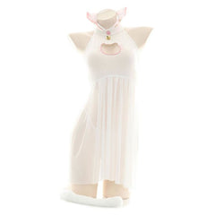 Kawaii Cat Girl Translucent Pajama Open Chest Nightdress With Ears and Tail Set