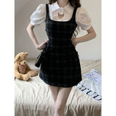 Kawaii Love Heart Hollow Out T-shirt Side Lace Up Plaid Dress