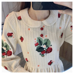 Kawaii Peter Pan Collar Flowers Embroidery Fairy Knitted Dress