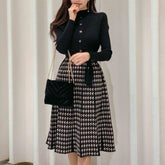 Korean Elegant Knitted Plaid Long Sleeve Lace-up Bow Pleated Dress