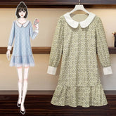 L-4XL Plus Size Blue/Green Hollow Out Lace Ruffle Sweet Dress