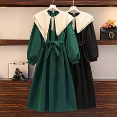 L-4XL Plus Size Green Black Double Collar Lantern Long Sleeve Dress