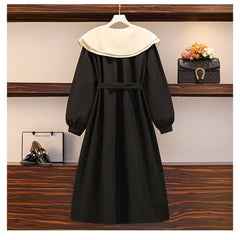 L-4XL Plus Size Green Black Double Collar Lantern Long Sleeve Dress