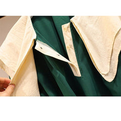 L-4XL Plus Size Green Black Double Collar Lantern Long Sleeve Dress