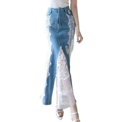 Lace embroidery long denim skirt