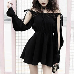 Lace Hollow Sleeve Black Dress EE0896