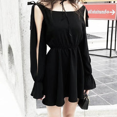 Lace Hollow Sleeve Black Dress EE0896