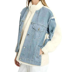 Light-wash sherpa jean jacket for women