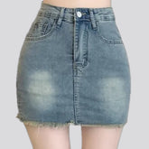 Lightweight raw hem high-rise jean skort