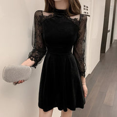 Long Sleeves Lace Velvet Dress