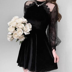 Long Sleeves Lace Velvet Dress