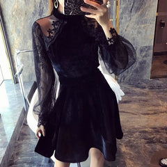 Long Sleeves Lace Velvet Dress