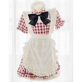 Lovely Sweet Maid Outfit Red White Grid Dress