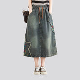 Maxi length embroidered jeans skirt