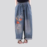 Mid rise boho cat design women's jean pants