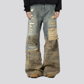 Mid-rise torn mixed fashion men's jeans