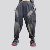 Mid waist retro fashion denim joggers for women