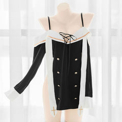 Nun Style Sailor Suspenders Cross Long Sleeves Lingerie Dress EE0957