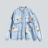Oversized light wash floral women's denim jacket