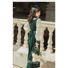 Palace Style Elegant Retro Cute Ruffled Stand-up Collar Green Dress