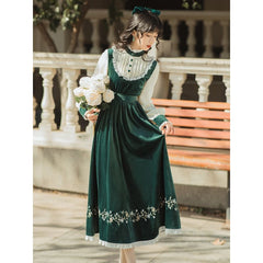 Palace Style Elegant Retro Cute Ruffled Stand-up Collar Green Dress