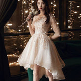 Party Dresses Elegant O-neck Appliques Short Front Long Back Prom Dresses